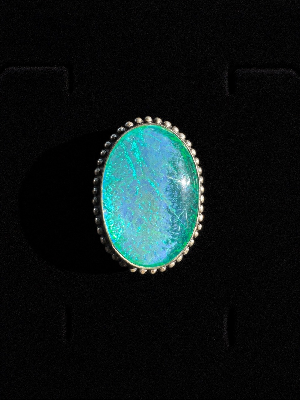 Sterling Silver Oval Blue-Green Dragon Opalite Statement Ring